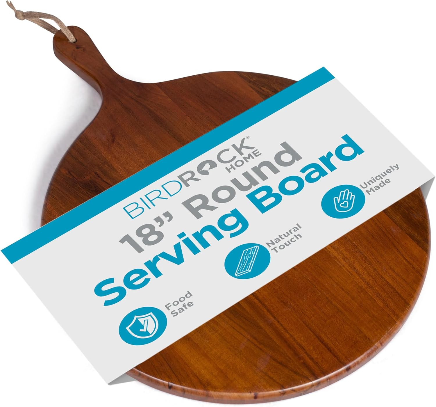 BIRDROCK HOME Acacia Wooden Cheese Serving Board with Handle - Charcuterie, Appetizers, Kitchen Platter, Grazing Board, Pizza, Meat, Bread, Cutting, Party, Food Display Tray - Espresso, 18", Round