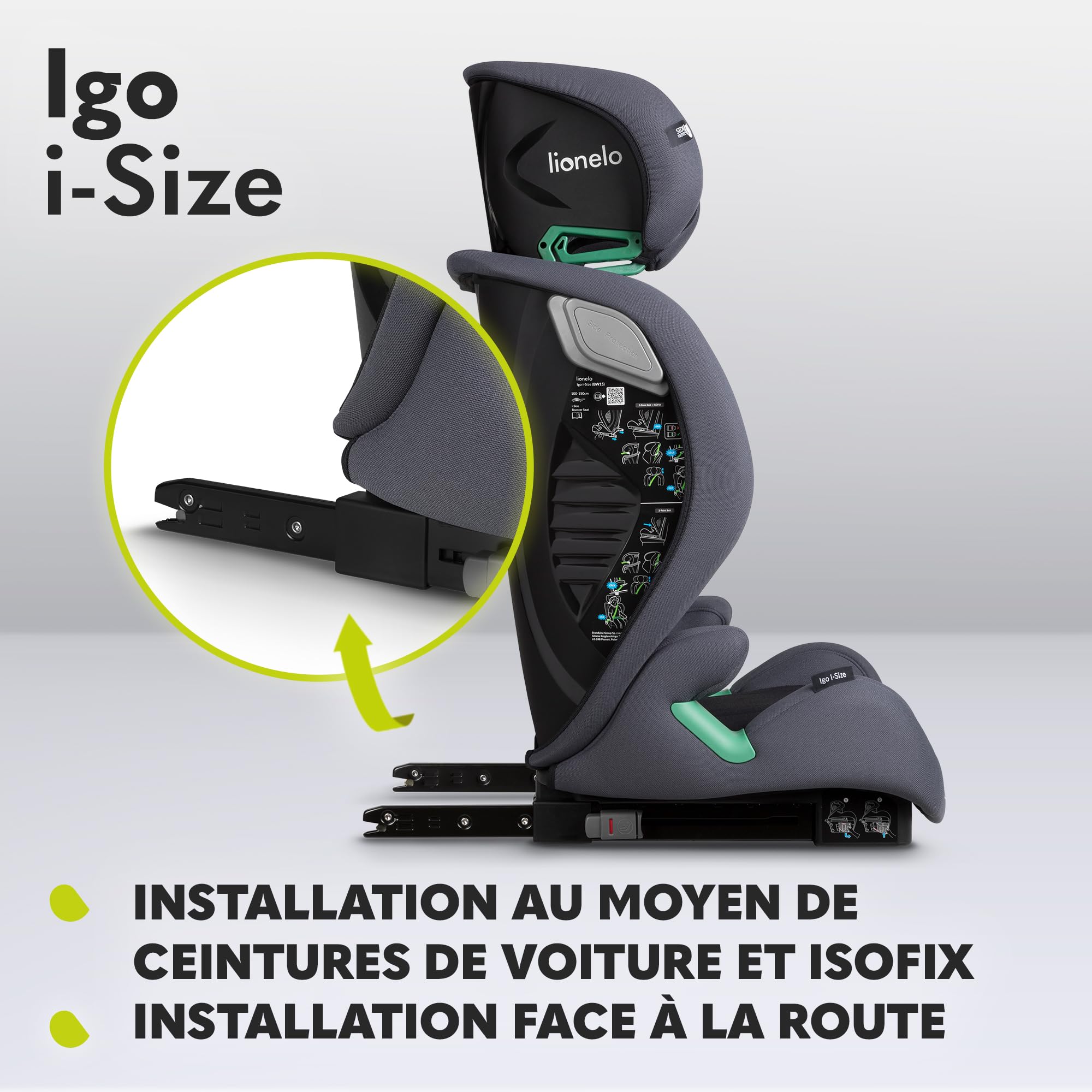 LIONELO IGO I-size Siège-auto pour enfants, groupe 2 3, de 100 à 150 cm ISOFIX ou fixation frontale sans ceinture, dossier et appui-tête réglables avec dossier amovible (Grey)