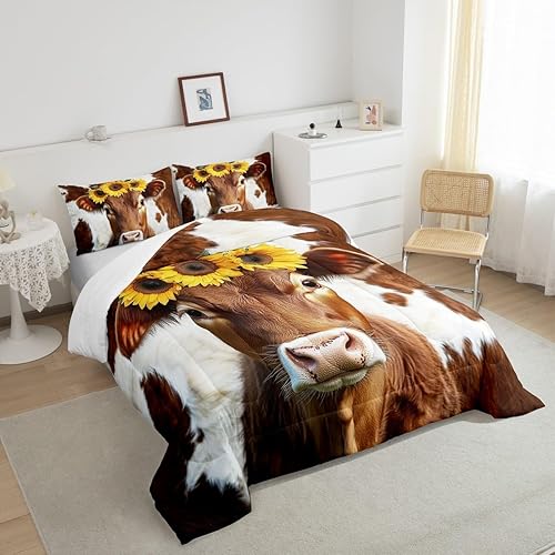 Miniatura 3 de Erosebridal Juego de edredón con estampado de vaca, tamaño Queen, juego de ropa de cama de ganado de las tierras altas, edredones y juegos de ropa