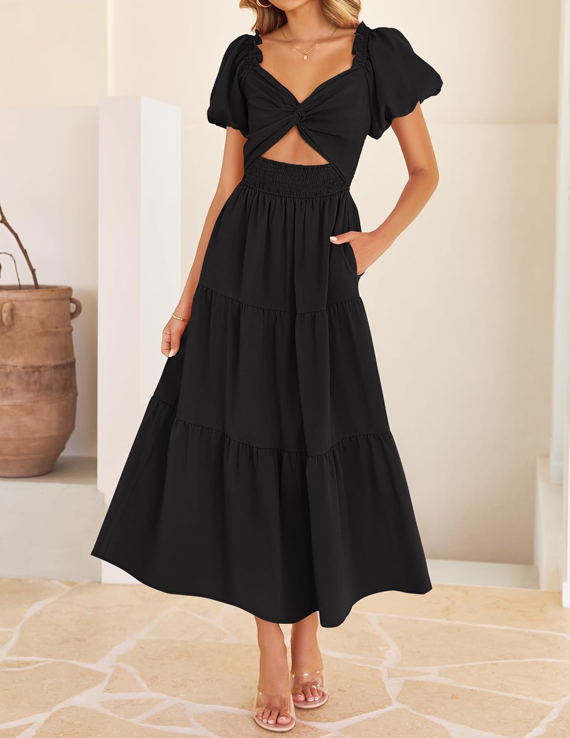 ZESICA Womens Summer Casual Flowy Vacation Maxi Dress 2026 Short Puff Sleeve A Line Smocked Cutout Beach Party Dresses - Image 8