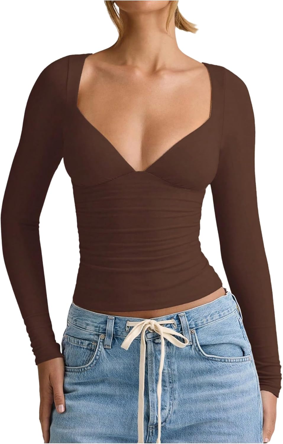 SweatyRocks Women's Deep V Neck Crop T Shirts Long Sleeve Slim Fitted Going Out Y2k Tops