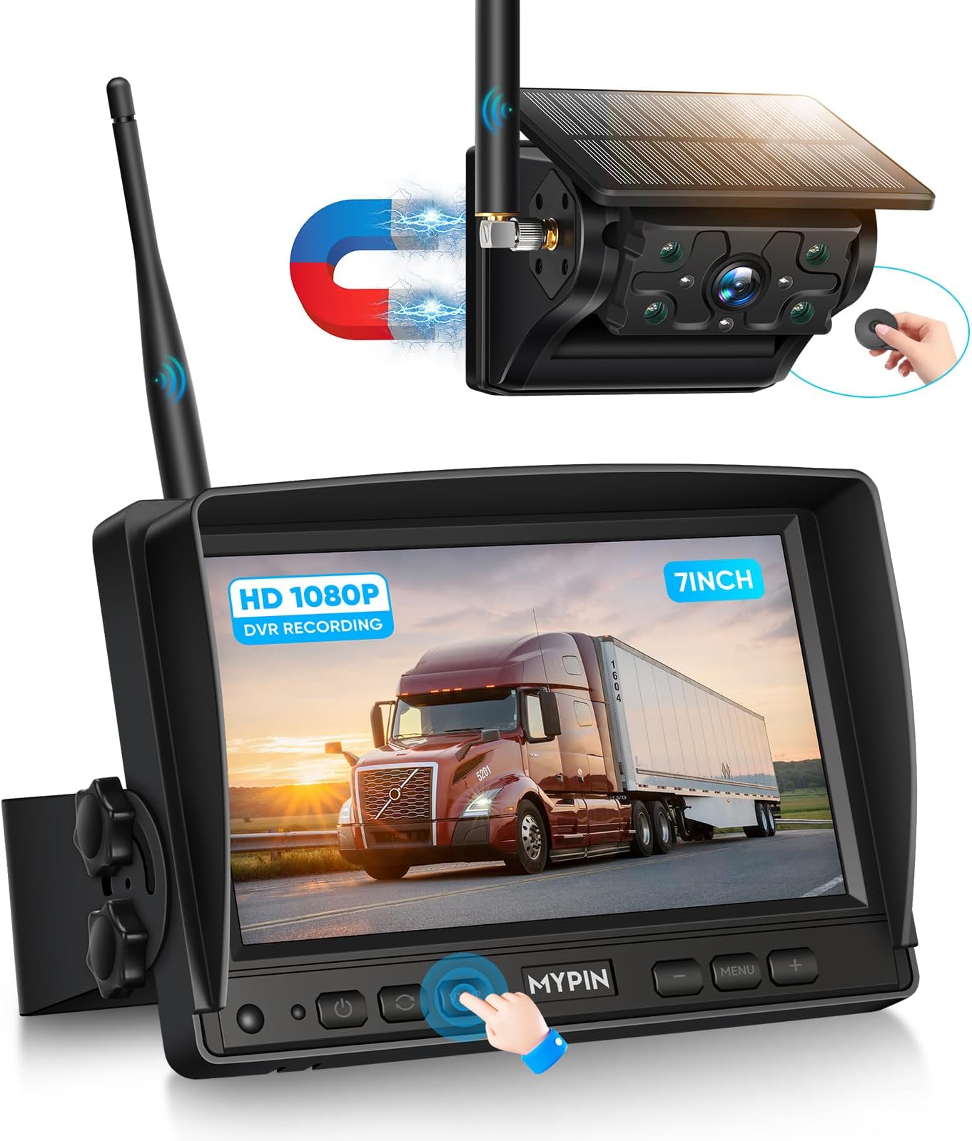 - Solar Wireless Magnetic Backup Camera, 9900mAh Battery Powered Rechargeable IP69 Waterproof HD Back Up Rear View Remote Control Camera with 7 Inch 1080P Monitor System for Car Truck Trailer RV VN003