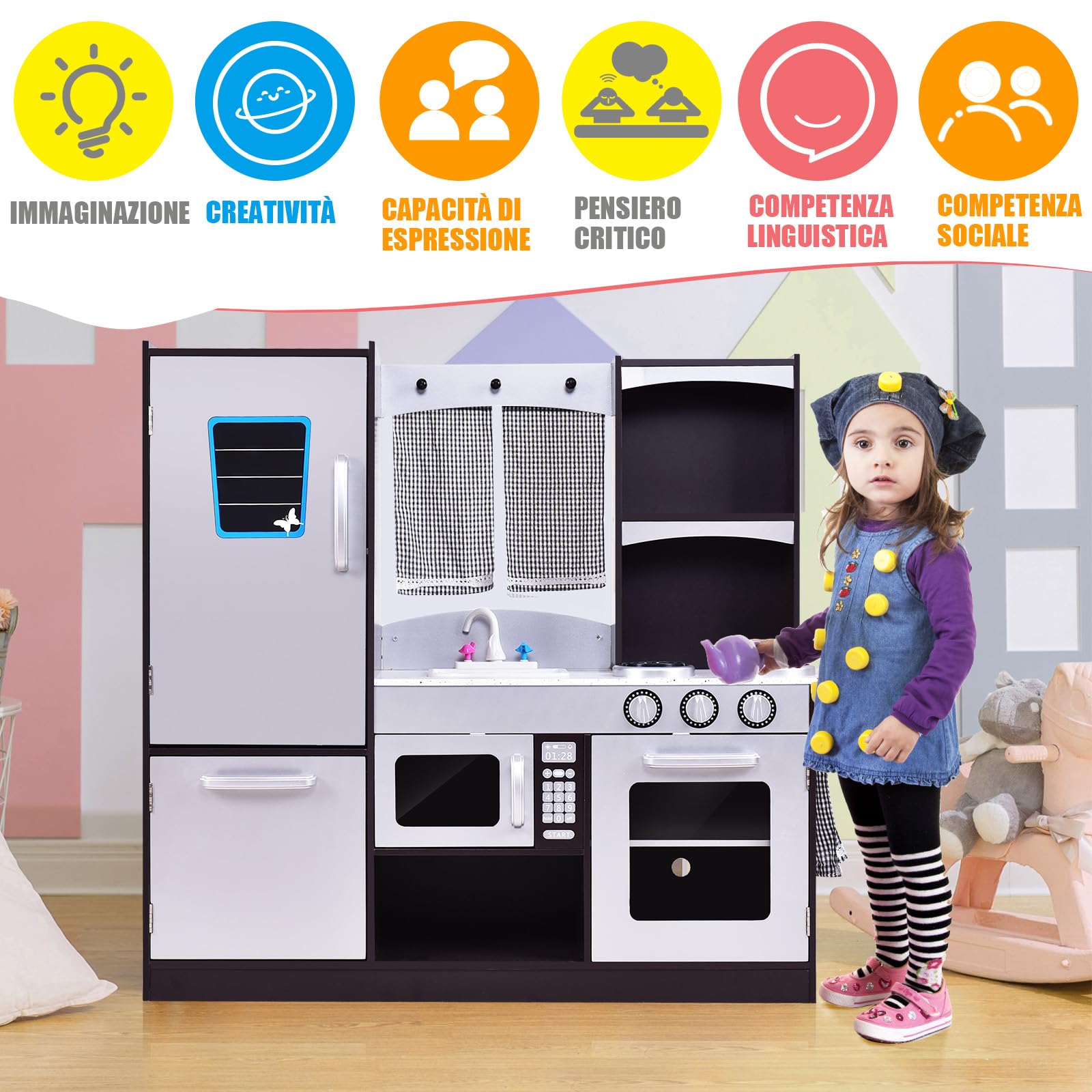 RELAX4LIFE Cucina Giocattolo in Legno per Bambini, Mini Cucina con Forno, Microonde e Frigorifero, Accessori Realistici, Natale/Compleanno/Feste
