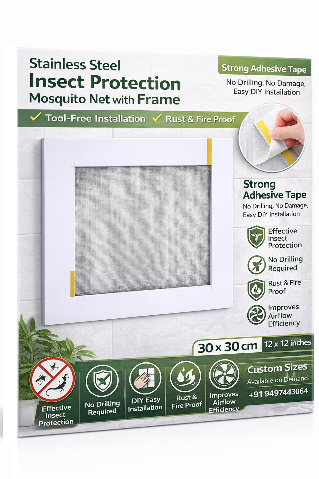 Mosquito Net (Stainless Steel net with Frame) for Exhaust Fan Hole | DIY No Labour Required | Easy Install Adhesive | Durable | Water Proof | Fire Proof | Rust Free | White | 30x30cm-picture-15