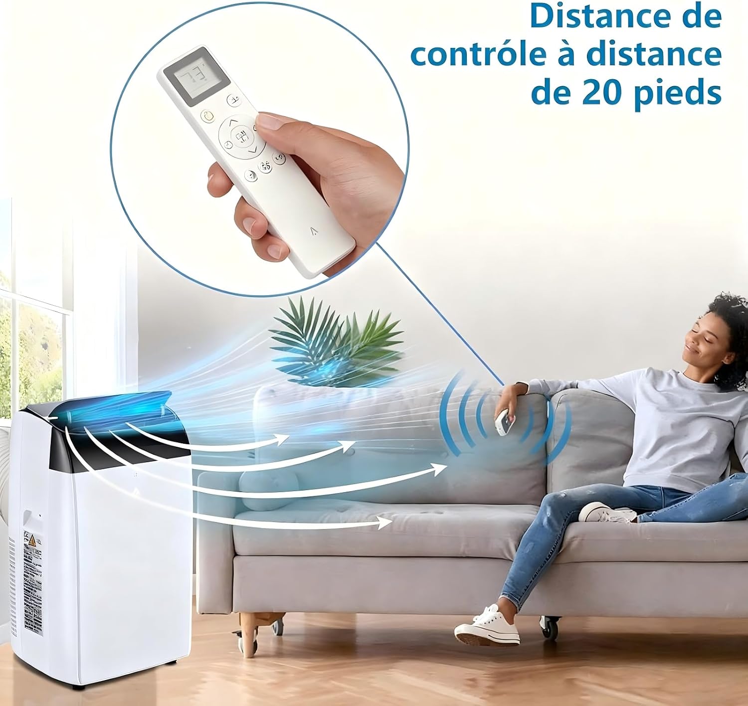 User operating Garvee Portable Air Conditioner with remote control from a distance