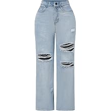 THUNDER STAR Womens High Waisted Wide Leg Jeans Stretchy Distressed Denim Pants