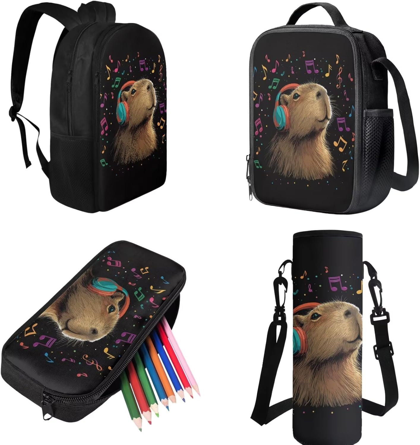 Cool Capybara Backpack for Boys Back to School, Cute Backpacks for 2nd Grade Girls Kids Lunch Box Pencil Case and Water Bottle Holder 4 PCS Set Bookbag Accessories Sets for Daily School