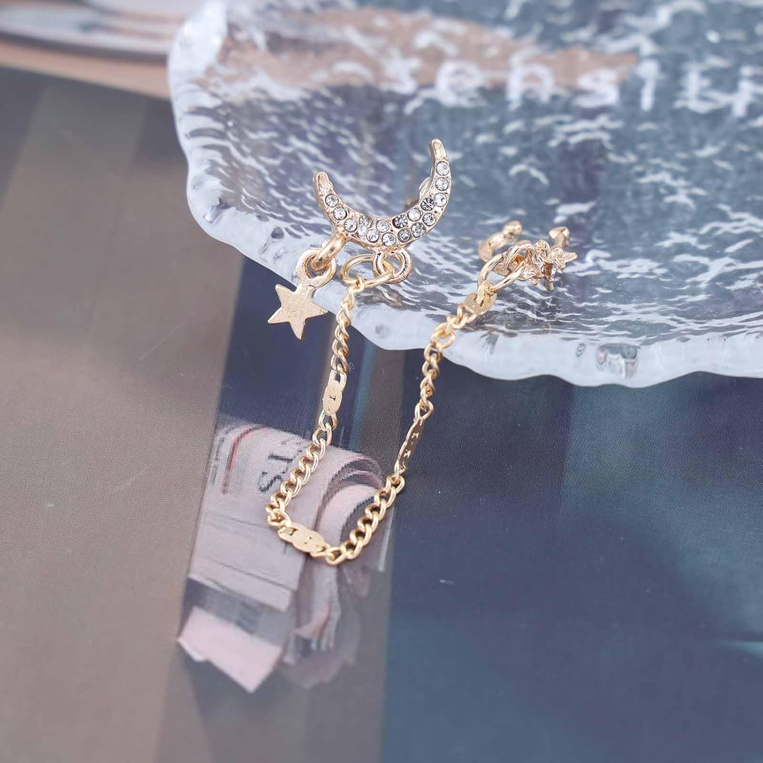 Vintage Crystal Moon Dangle Earrings Star Chain Tassel Wrap Crawler Earrings Curved Moon Ear Cartilage Earrings Gold FIne Moon Ear Cuff Earrings Jewelry for Women - Image 4