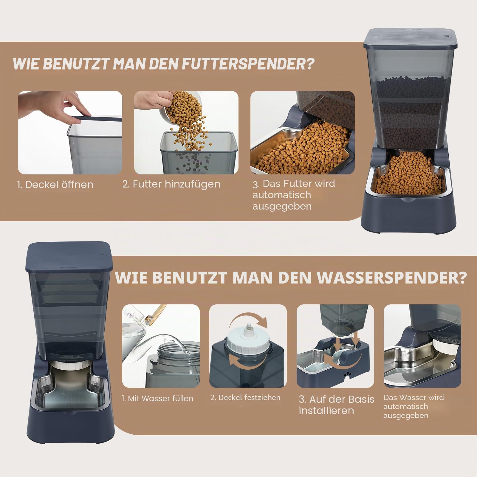 Automatisches Futter-Set für Hunde und Katzen mit Schüssel aus Edelstahl 304 und Wasserspender, geeignet für mittelgroße und große Hunde und Katzen, große Kapazität 5,3 l/1,4 Gallonen x2 (schwarzes