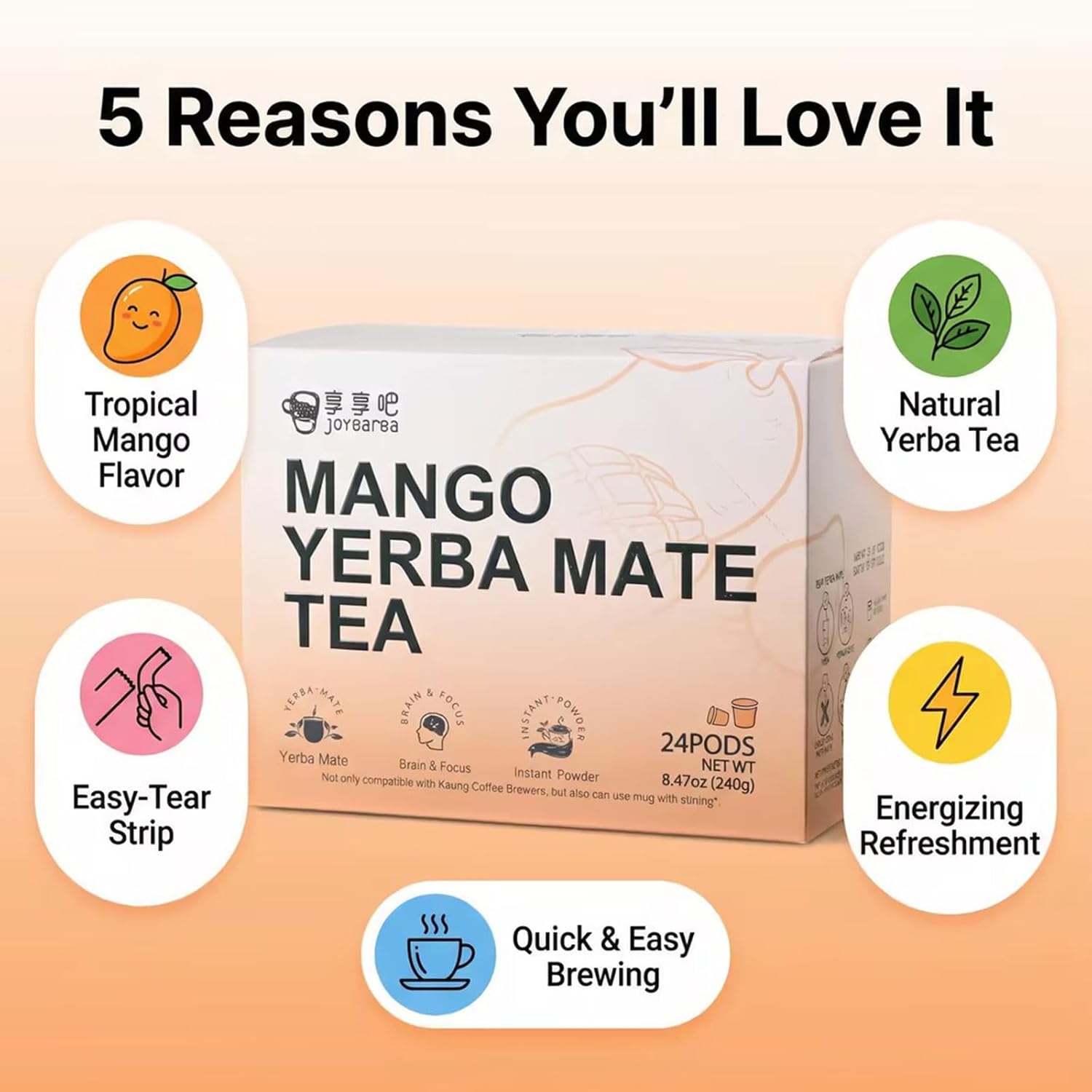 JOYBARBA Yerba Mate Tea Pods, Mango – Easy-Tear Instant Powder Capsules with Natural Caffeine, L-Theanine & Gut Support – Clean Energy, No Jitters – No Machine Needed, Compatible with Keurig K-Cup Brewers, 24 Count