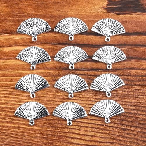 Miniatura 2 de 50 dijes de plata con forma de abanico chino, dijes de cuentas de metal para manualidades y fabricación de joyas, Metal Plata, No es una piedra