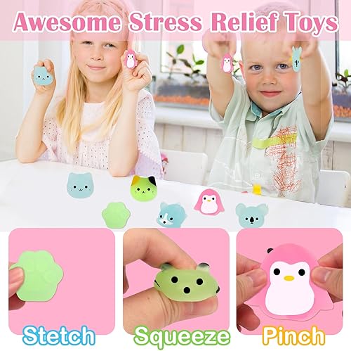 Vista 13 de Outee 16 piezas de juguetes Mochi Mini Mochi animales juguetes que brillan en la oscuridad, juguetes para aliviar el estrés, juguetes a granel, gato