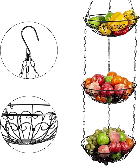 Hengu 3 Tier Hanging Fruit Basket, Metal Vegetable Baskets Round Fruit Bowl Storage Racks for Fruit Vegetable Bread, Black