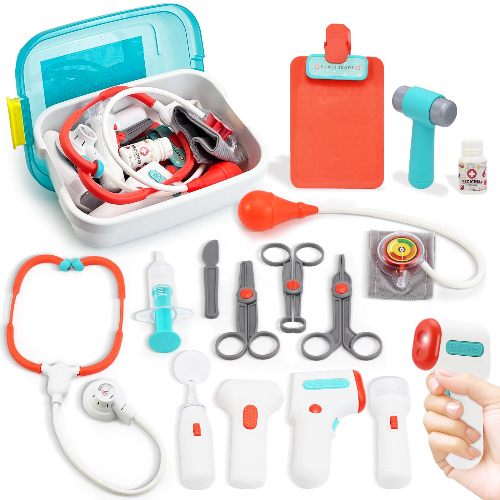 VBACALA Malette Docteur Enfant,Set de 17 Pièces avec Stéthoscope,Seringue,Thermomètre, Sacoche de Médecin,Jouets pour Jeux de Rôle chez Le Dentiste,Jouet d'Imitation et Cadeau pour Enfants dès 3 Ans