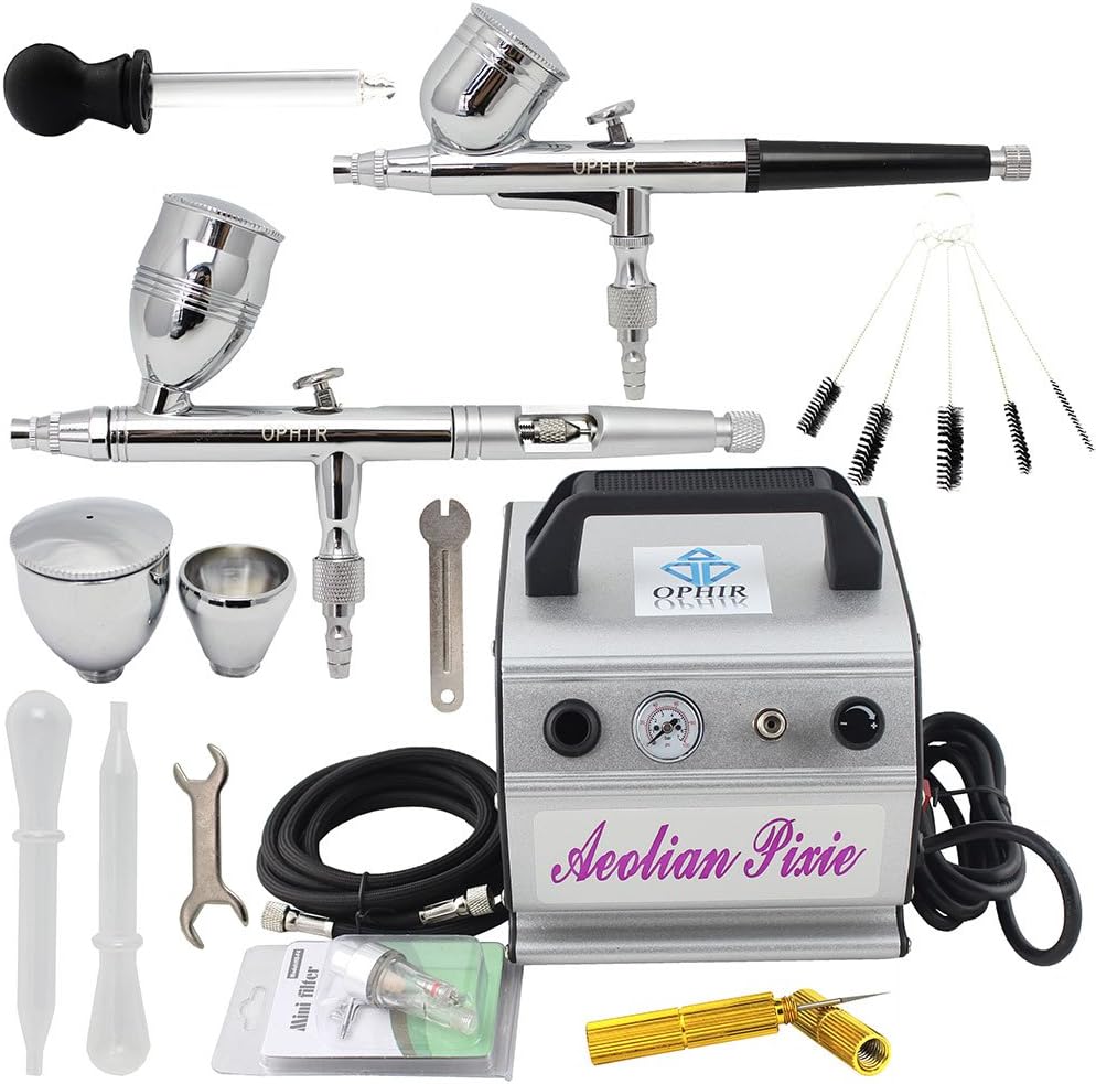 OPHIR 2 Gravity Paint Dual Action Airbrush Kit with 110V Air Compressor Set for Makeup Nail Art Model Hobby