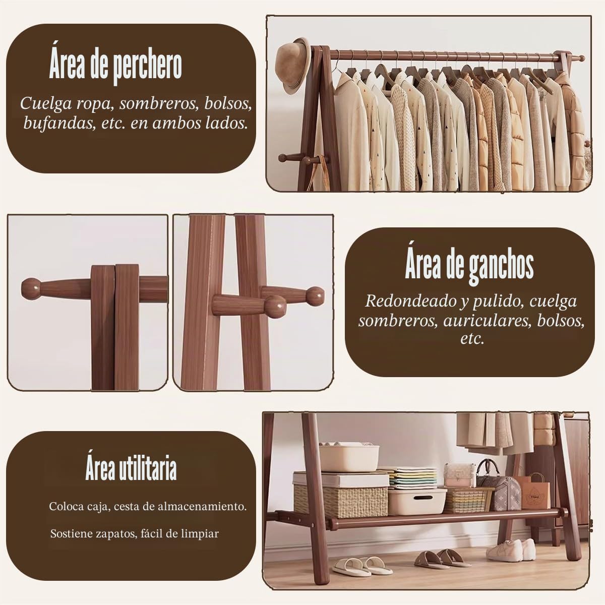 Perchero de Madera Maciza Plegable Grande, Perchero de Pie con Estante De Almacenamiento, 4 Ganchos, para Dormitorio Pequeño Apartamento Cuarto de Invitados Laundr, Haya Natural