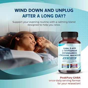 GABA Supplement with 5-HTP, L-Tryptophan, Ashwagandha, Chamomile, L-Theanine & Magnesium, Calm Mood & Sleep Quality Support*, Relaxation Supplement, 150 Capsules, Non-GMO, Gluten Free