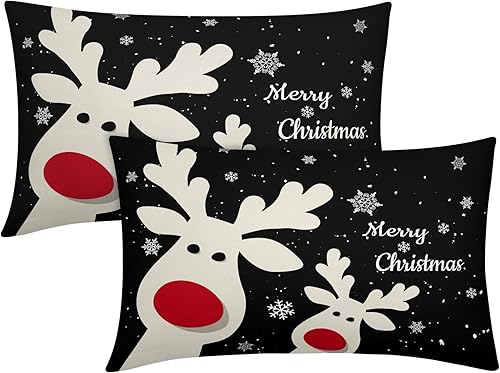 Juego de 2 fundas de almohada lumbar de 12 x 20 pulgadas, diseño de reno de copo de nieve negro con diseño de ciervo de Navidad, para decoración del