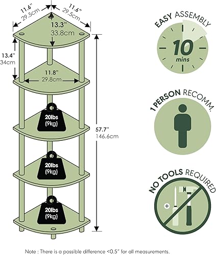 Miniatura 3 de Furinno Turn-N-Tube Estantería de Esquina, Estantería de Esquina de 5 Niveles, Estantes de Almacenamiento Abiertos, para Organización y
