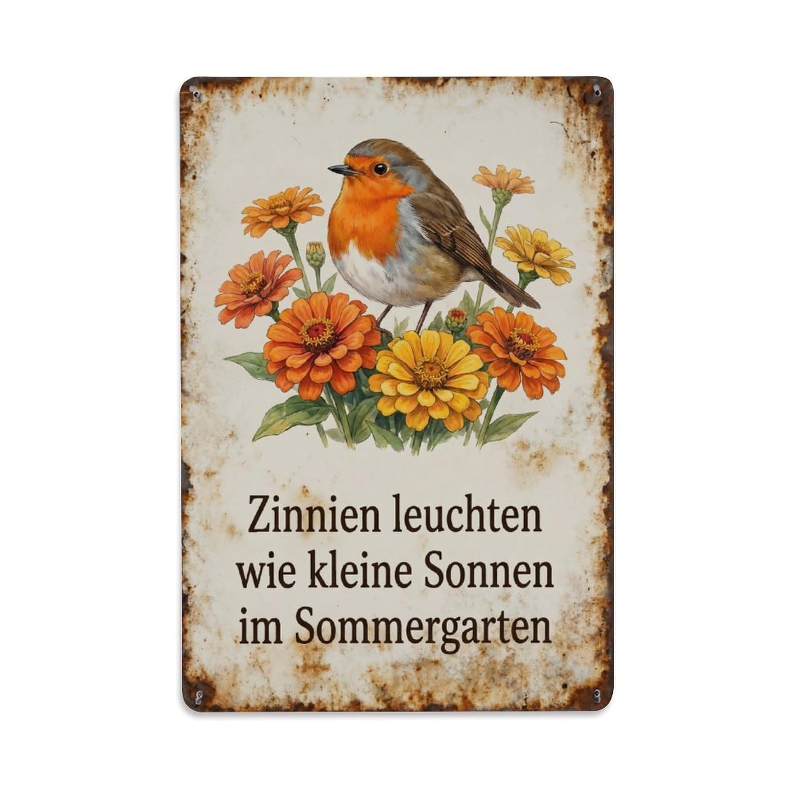 Robin Bird Garden Quote Zinnia Bright Vintage Metal Tin Sign Plaque Wall Decor for Cafe, Club, Garden Metal Poster 8x12Inch