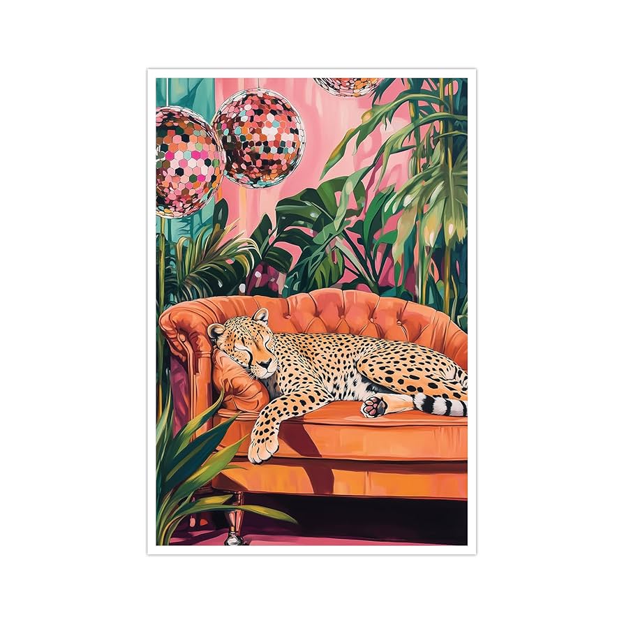 Funny Disco Ball and Sleeping Cheetah Poster Botanical Wall Art Humorous Animal Aesthetic Canvas Prints for Office Bathroom Bedroom Wall Decor16x24inch Unframed