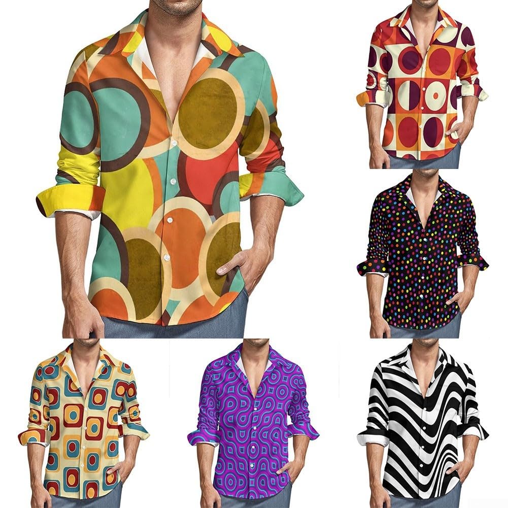 Camicia a maniche lunghe da uomo in stile vintage anni '70 con stampa 3D alla moda (M giallo)
