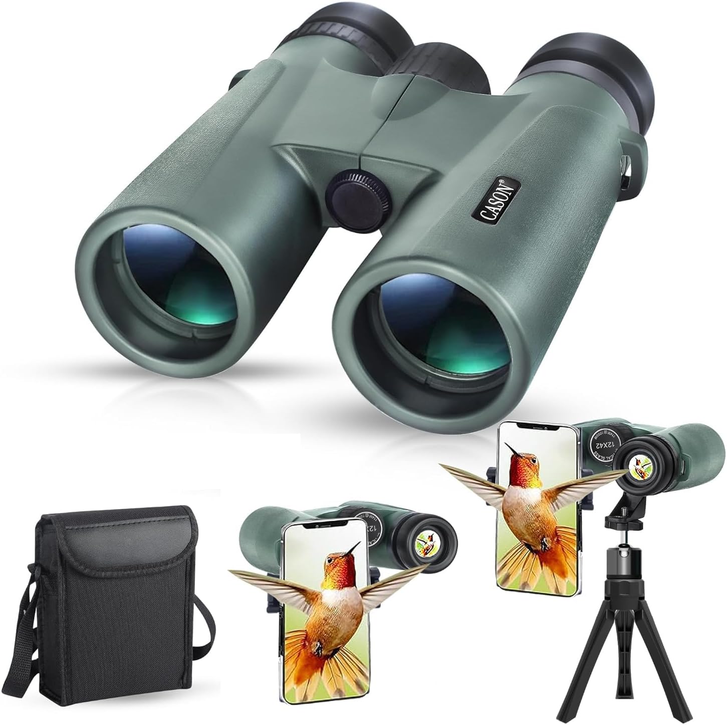 CASON (DEVICE OF C) -Binoculars for Long Distance,Ultra HD Binoculars for for Bird Watching,Wildlife,Safari with Phone Adapter & Tripod | Range 2000 Meter, | Zoom 12x42 | Wide Eye Peice (Green)