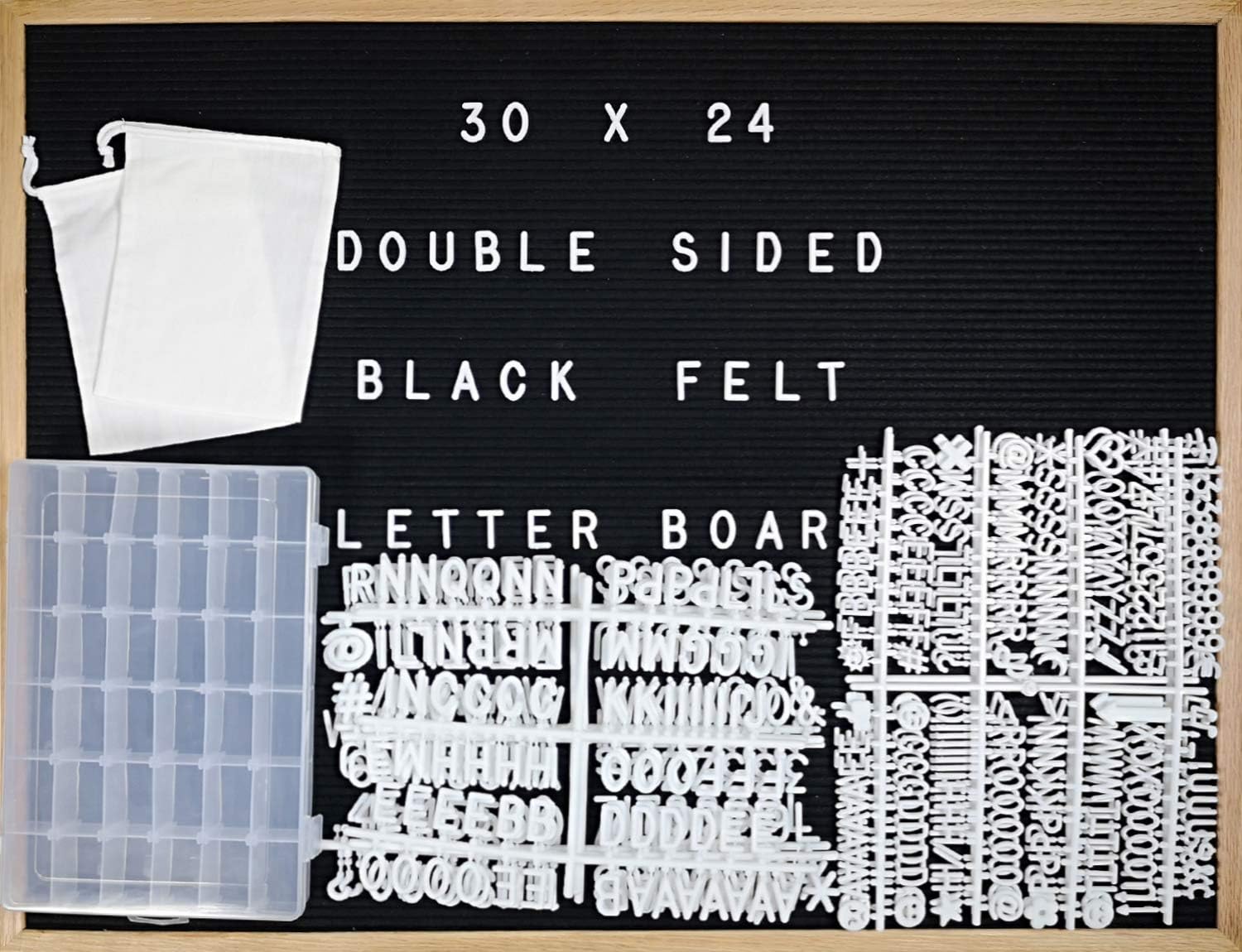 Double-Sided Black Felt Letter Board & White Marker Board 30 X 24 Landscape Orientation with 1384 -Piece Set of Large 2" & 1” Plus 3/4” Letters, Numbers, Symbols & Emojis, Organizer, Cutters, Pouches