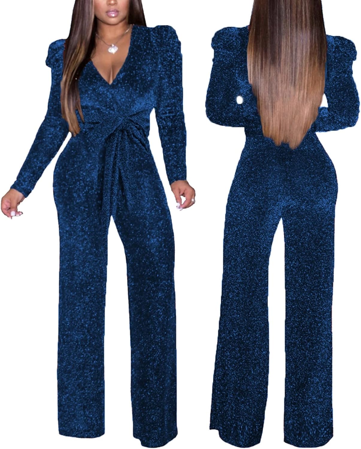 SeNight Women Sparkly Jumpsuits Sexy Long Sleeve Elegant Mock Neck Shiny Straight Long Pants Rompers Club Night Outfits - Image 3