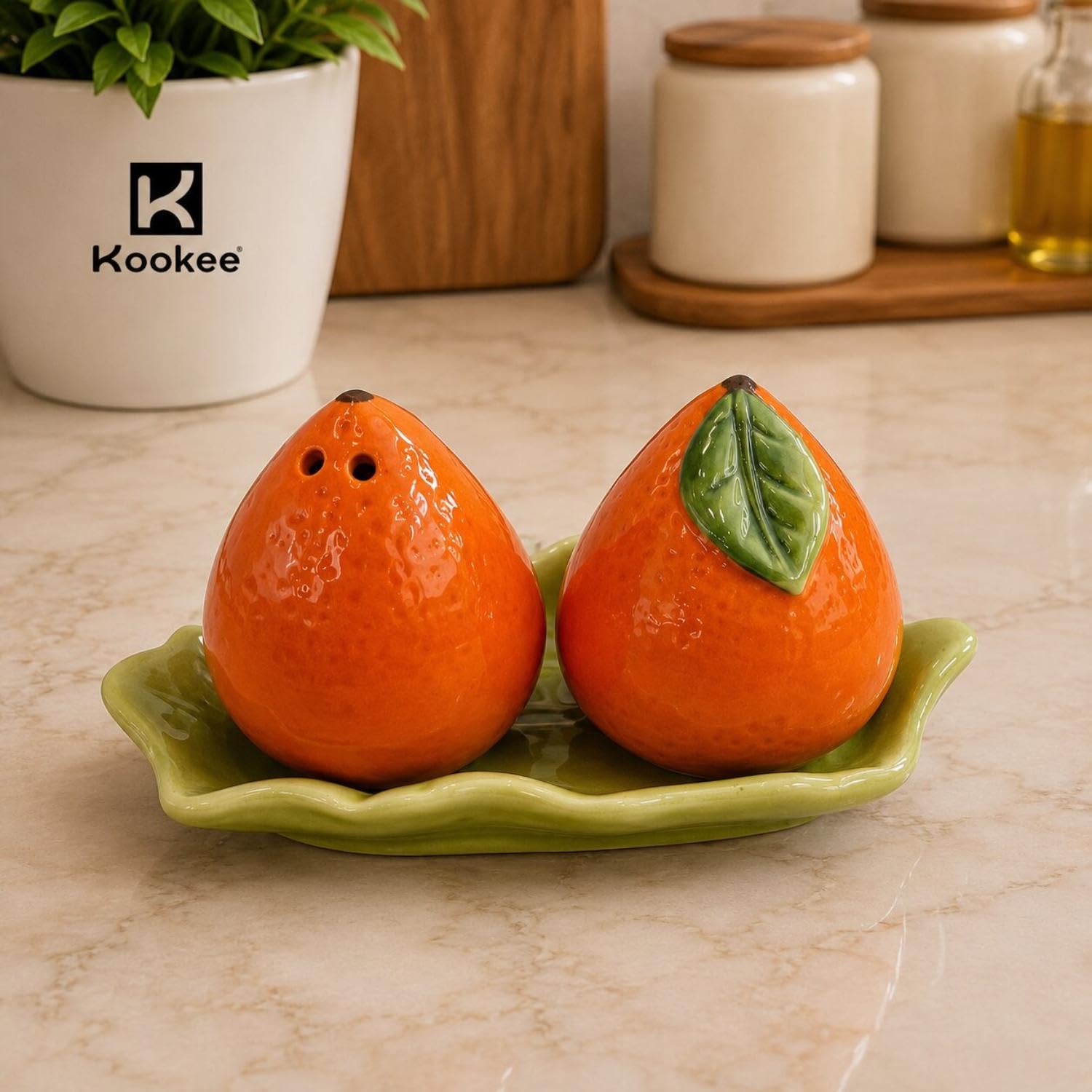 Kookee Ceramic Salt and Pepper Shaker Set with Tray for Dining Table, Orange (12369) — Amazon image 4