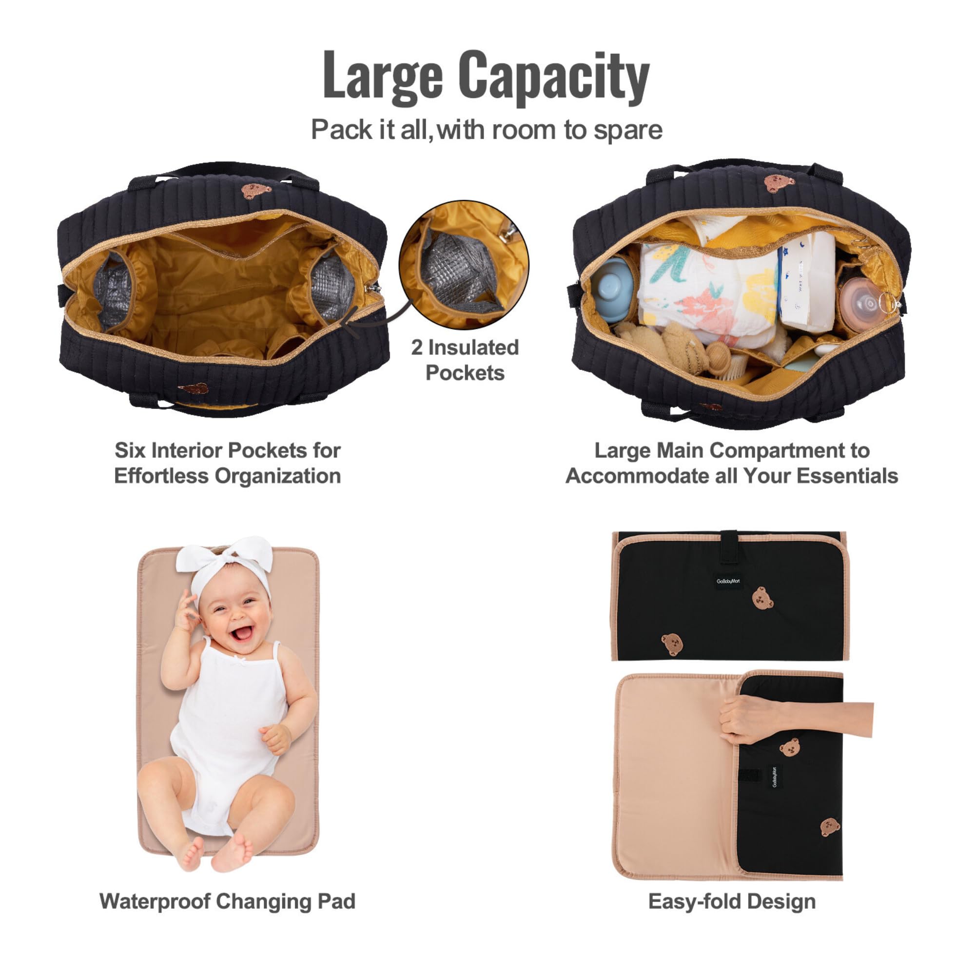 GOBABYMART Set di 3 borse per pannolini con fasciatoio e custodia per ciuccio, borsa da viaggio per maternità in cotone