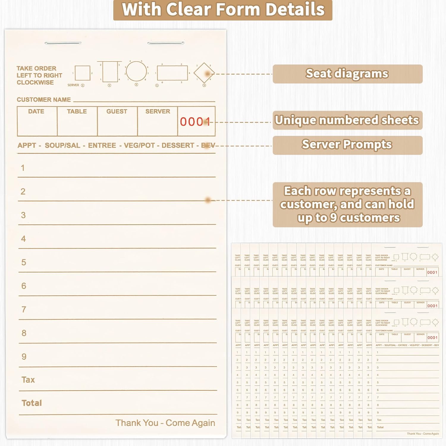 48 Pack Server Note Pads Bulk Recycled Guest Check Pads, Total 2400 Sheets 3.5 x 6.75 Inch Guest Checks Books for Servers, Gold Numbered Waitress Notepads for Restaurant Bar Cafe Hotel