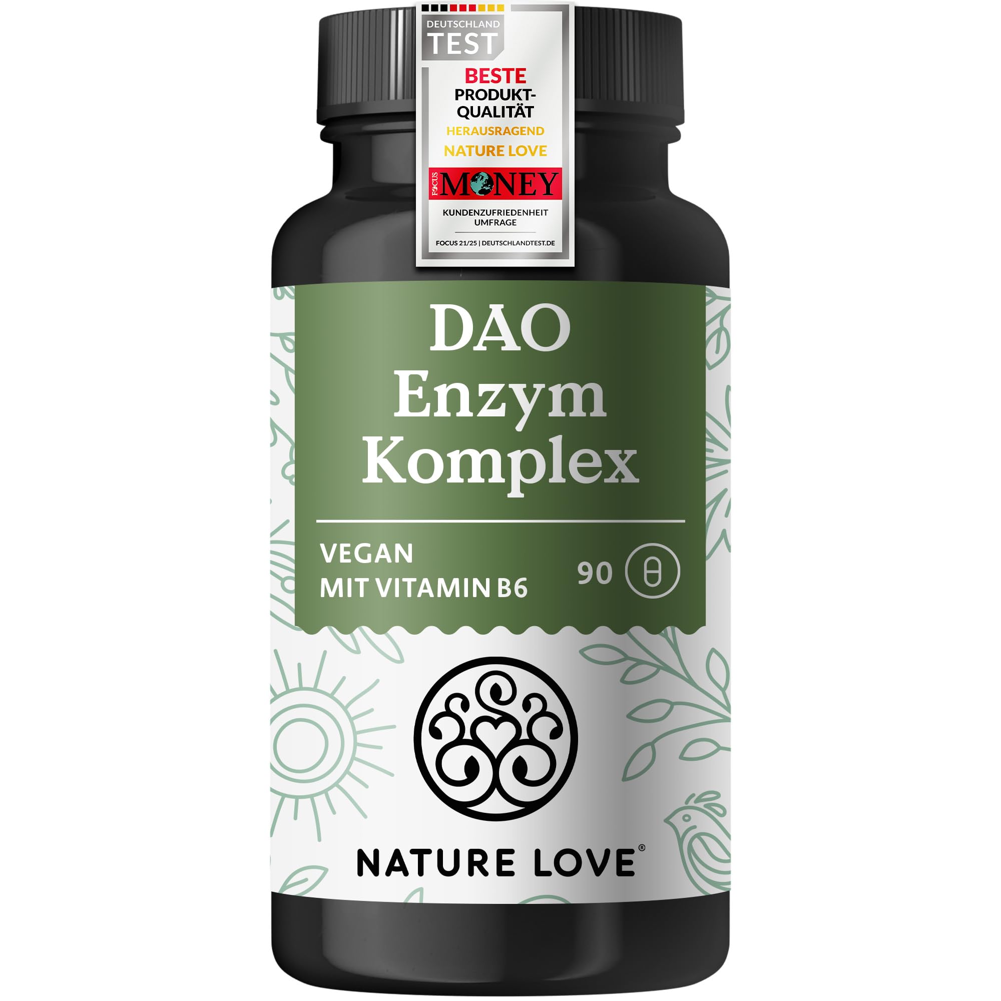 NATURE LOVE® DAO Enzym Komplex – 90 Kapseln - mit Vitamin B6 für einen normalen Energiestoffwechsel* – hochdosiert – aus Erbsensprossenpulver, bis zu 90 Tage Vorrat - 182.700 HDU vegan, laborgeprüft