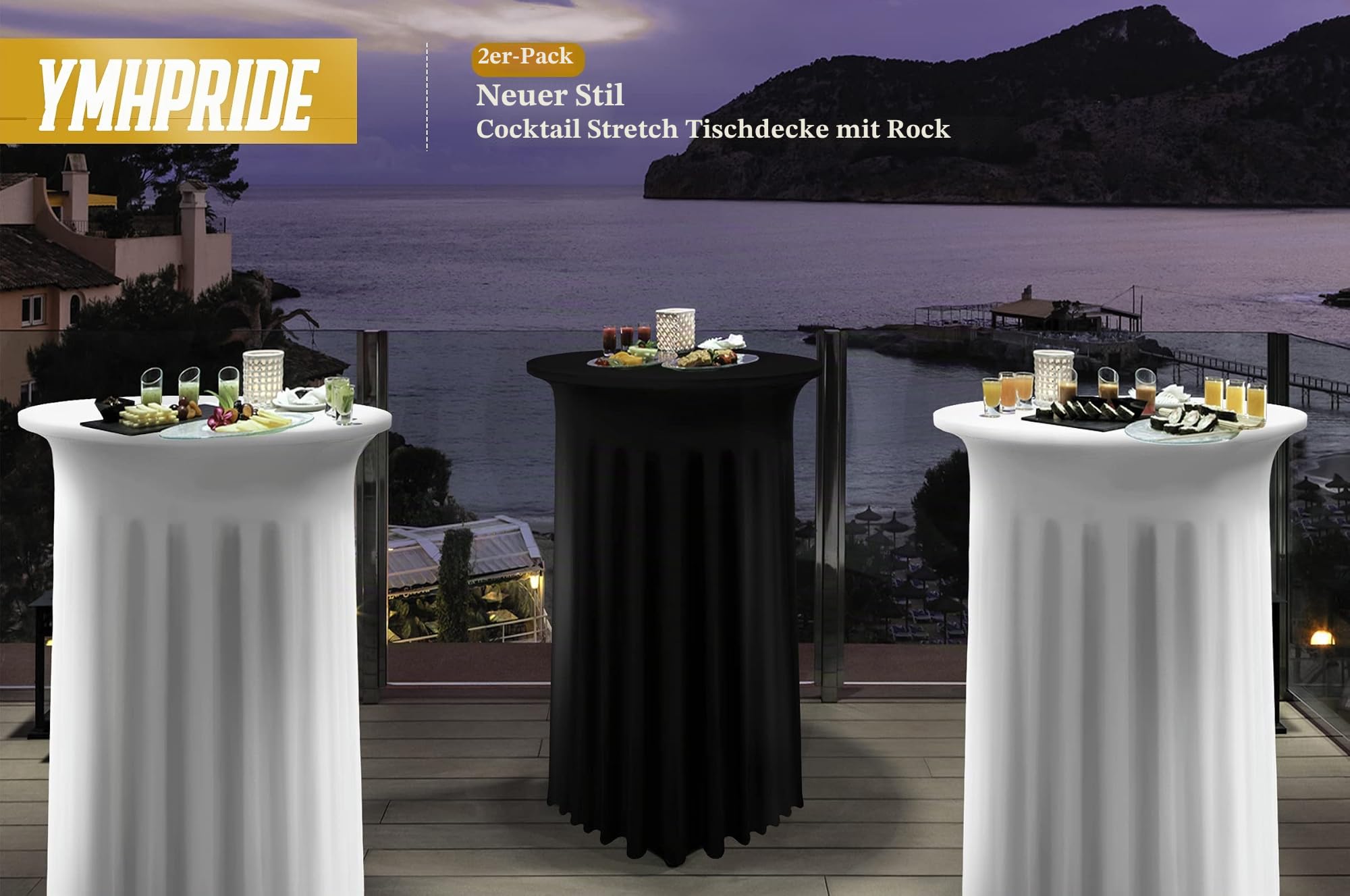 YMHPRIDE 2er-Set Weiße Stehtisch Hussen Stretch Stehtisch Tischdecke mit Rock, 80×110cm Runder Cocktail-Tischrock, Bistrotisch-Bartisch-Abdeckung für Party, Hochzeit, Banketttisch