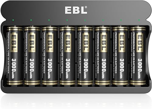 EBL Paquete de 8 baterías AA recargables Ni-Zn de 3000 mWh con cargador de batería Ni-Zn de 8 bahías, batería doble A de 1.6 V de alto rendimiento y