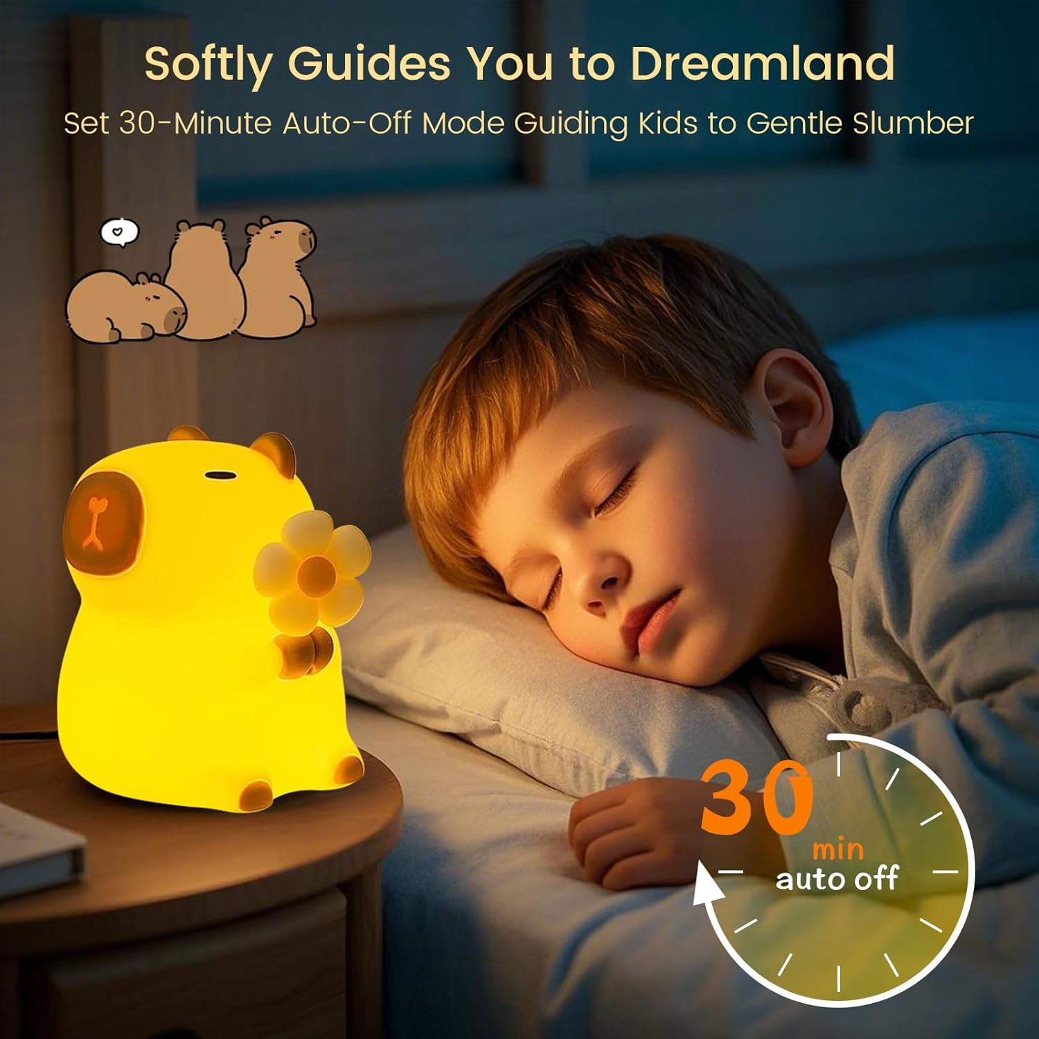 Capybara Night Light, Nursery Lamp, 7-Color RGB & 3-Level Dimmable WarmLight, Tap Control, 30Min Timer, 100% Safe &Soft Silicone, Adorable, Soothing Ambiance, Gift for Kids, Detachable Flower