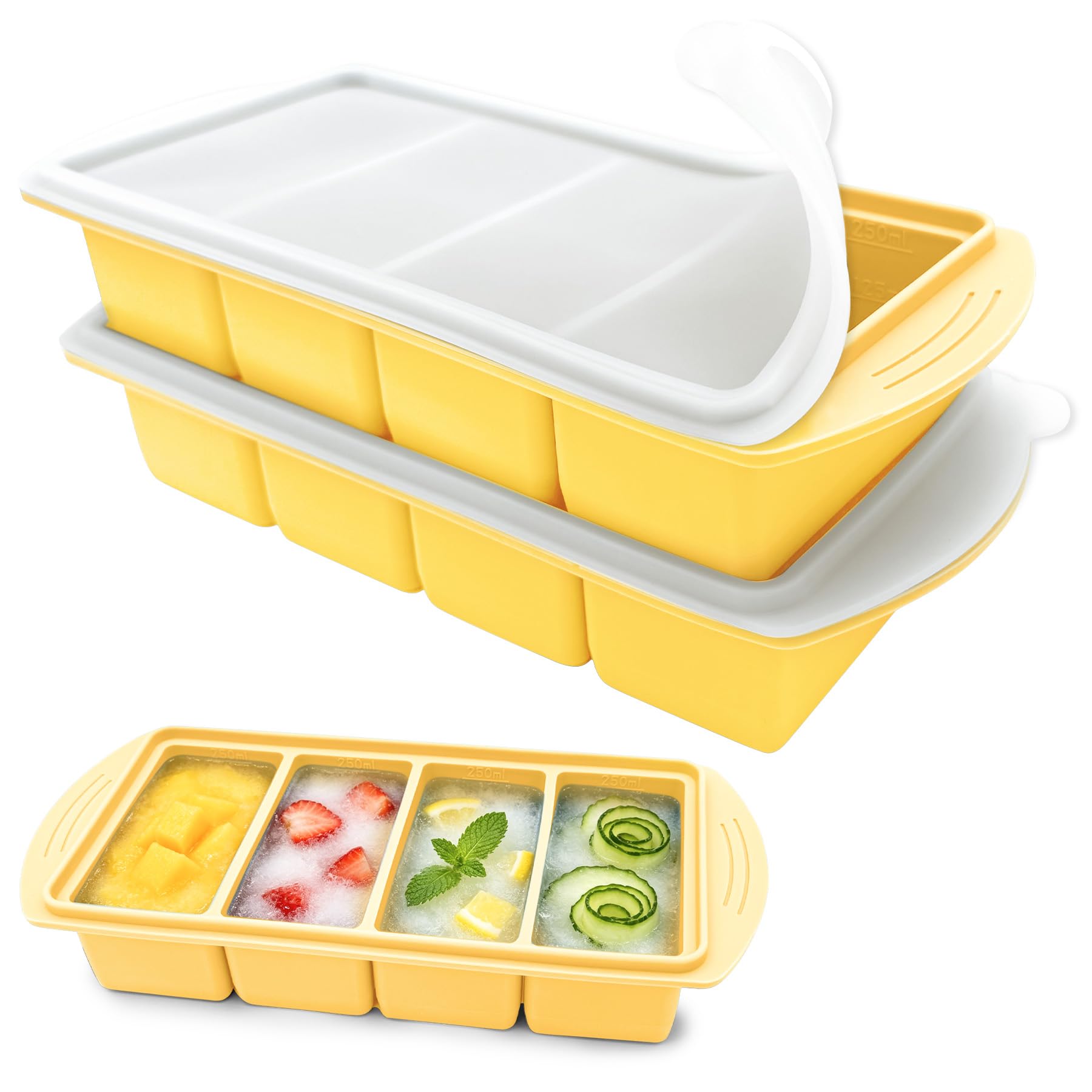 VEEKAY 2 Pezzi Stampo per Congelatore in Silicone con Coperchio, 4 Scomparti da 250 ml, Contenitore Impilabile senza BPA per Zuppa, Brodo, Salsa, Meal Prep