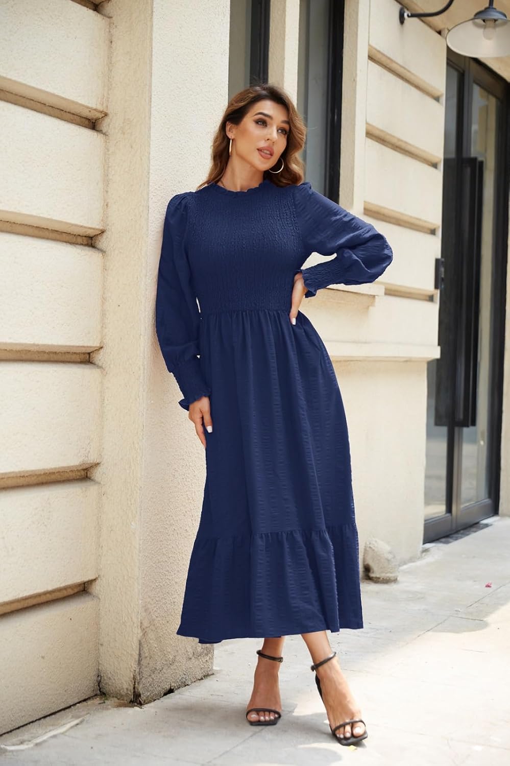 Ferrendo Women's 2026 Spring Fall Midi Dress Casual Long Sleeve Crew Neck Smocked Tiered Long Flowy Dresses with Pockets - Image 5