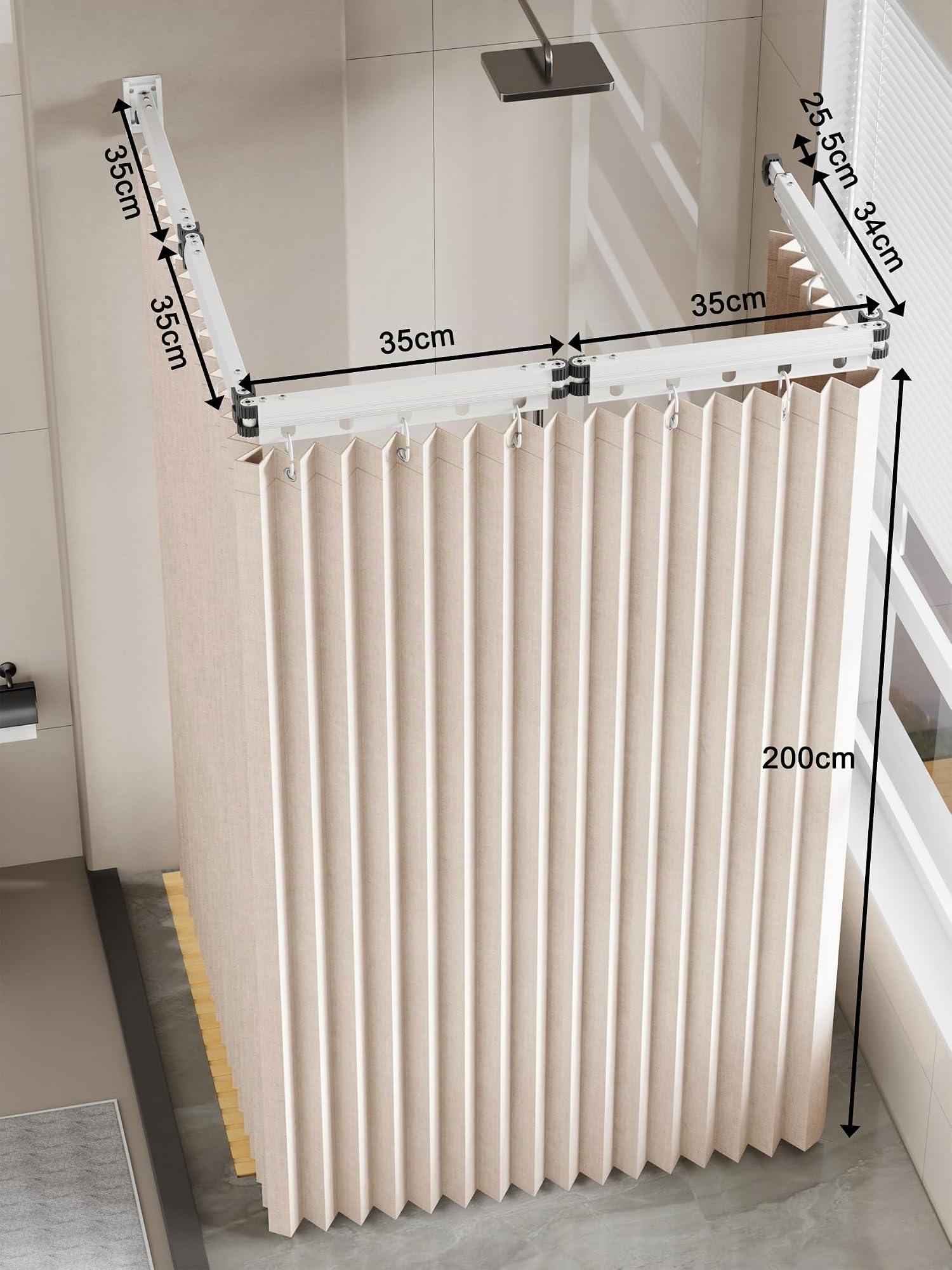 Bastone Tenda Doccia Senza Foratura, Pieghevole 2m, con Tenda da Doccia 1,8×2m, Asta 5 Pieghe e Asta Telescopica 25,5cm, per Bagno, Spogliatoi, Camper (Bianco)