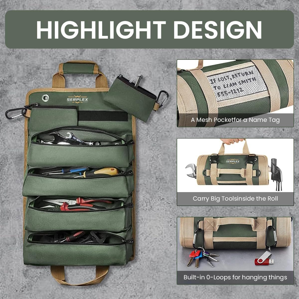 Serplex® Tools Bag Portable Roll Up Tool Bag with Handle & Shoulder Strap Multi Compartment Tools Bag with Detachable Zipper Pouch, Multi-Purpose Tool Organizer for Technicians, Mechanics(No Tools)