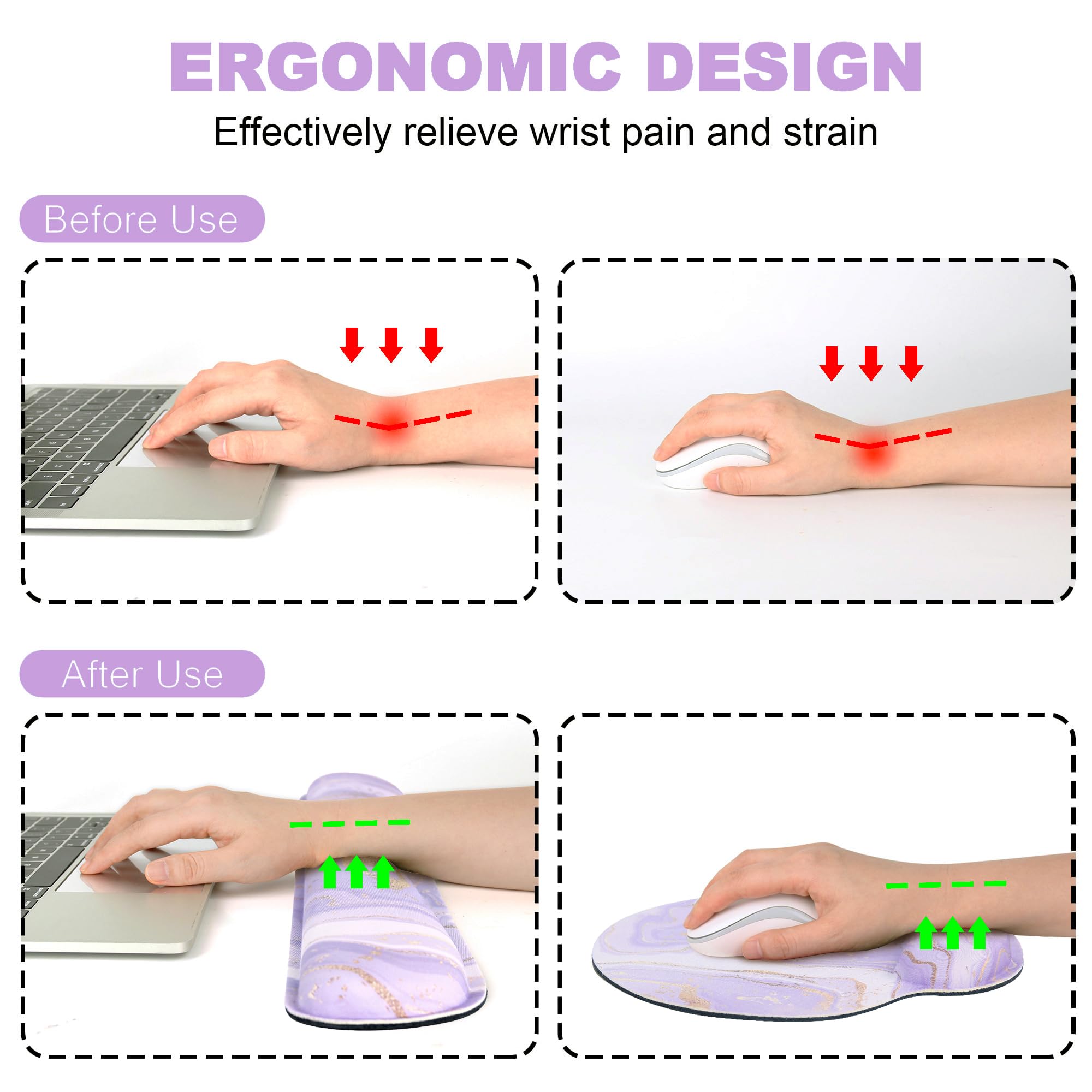 G JGOO Alfombrilla ergonómica para mouse y reposamuñecas para teclado, espuma viscoelástica, mármol morado