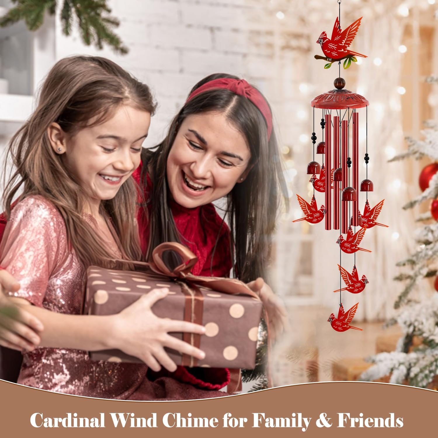 Cardinal Wind Chimes for Outside, Cardinals Gifts for Women,Memorial/Birthday Gifts for Grandma Mom, Metal Red Bird Windchimes with Soothing Tones, Christmas Outdoor Decor for Garden Patio Yard (35")