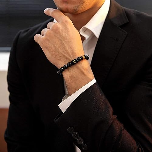 Miniatura 6 de FRG Initials Bracelets for Men Letter Link Handmade Natural Black Onyx Tiger Eye Stone Beads Braided Rope Meaningful Bracelet