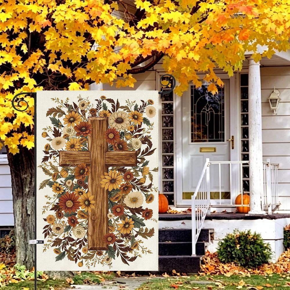 Baccessor Fall Garden Flag 12.5 x 18 Inch, Cross Floral Flowers Double Sided Burlap Welcome Small Yard Flag Autumn Thanksgiving Holiday Lawn Proch Outdoor Outside Decor