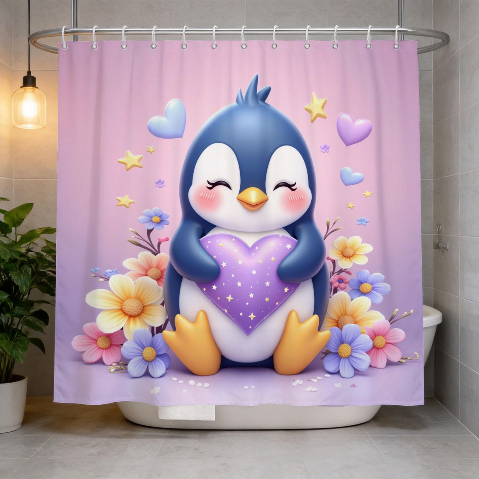 Hongduo 3D Child Penguin Shower Curtain for Stalls Bathtubs Floral Flowers Bathroom Decor Shower Curtain Set Polyester Fabric Waterproof 180x200cm/71X79 Inch with Hooks