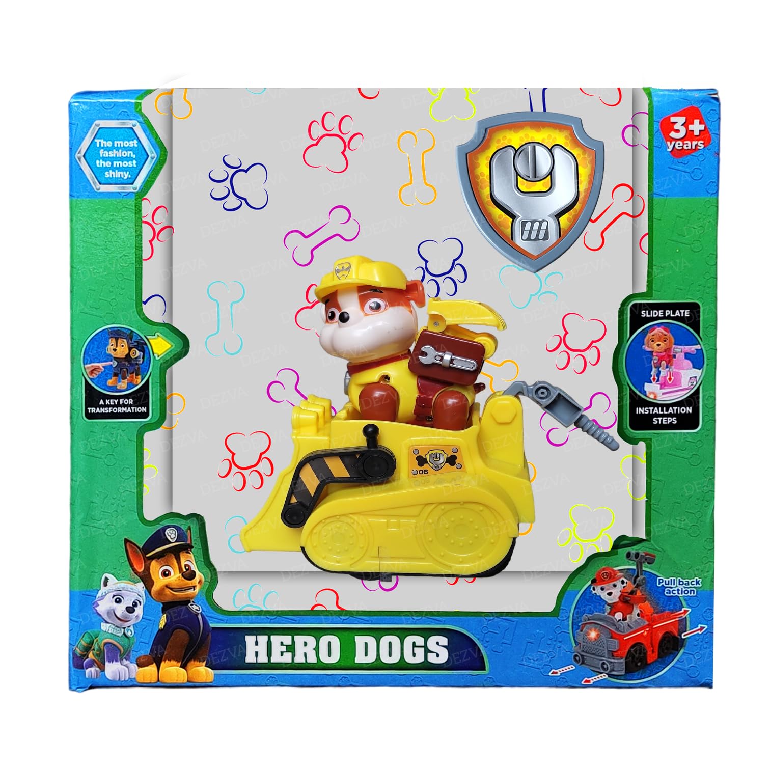 Pup Buddies Hero Rescue Team with Transformable Action Figure Toy and Vehicle with Light and Music, Collectible Action Figure for Kids Aged 3 and up (Yellow Hero Dog)