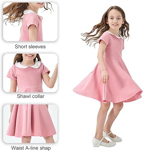 Miniatura 4 de Vestidos de uniforme de manga corta para niñas, estilo casual, cuello Peter Pan, ajustado y acampanado, vestido de patinadora de 2 a 12 años