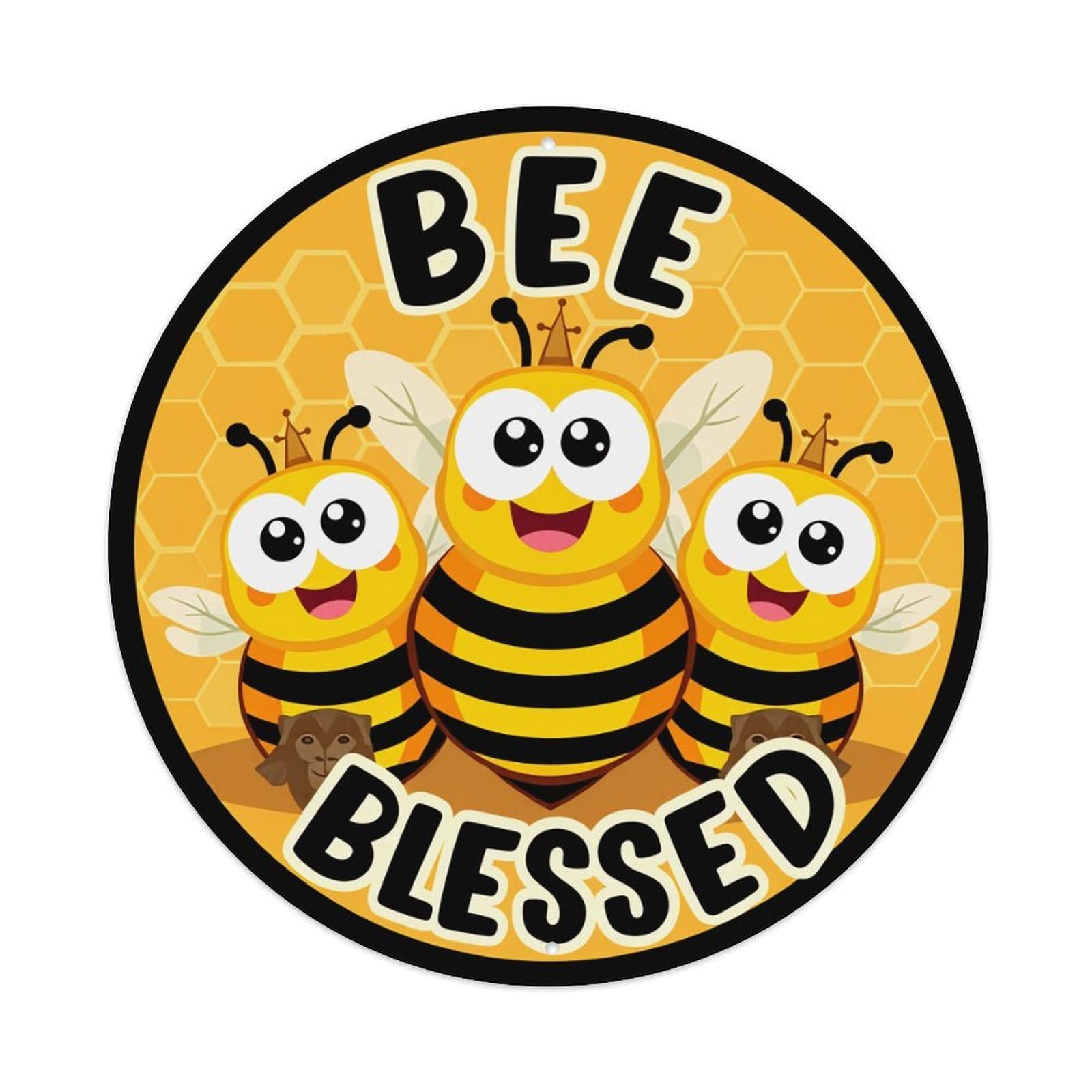 Bee Blessed Honeycomb Pattern Print Round Tin Sign Vintage Metal Poster, Home Bar Garage Man Cave Cafe Indoor & Outdoor Wall Decoration 8x8Inches