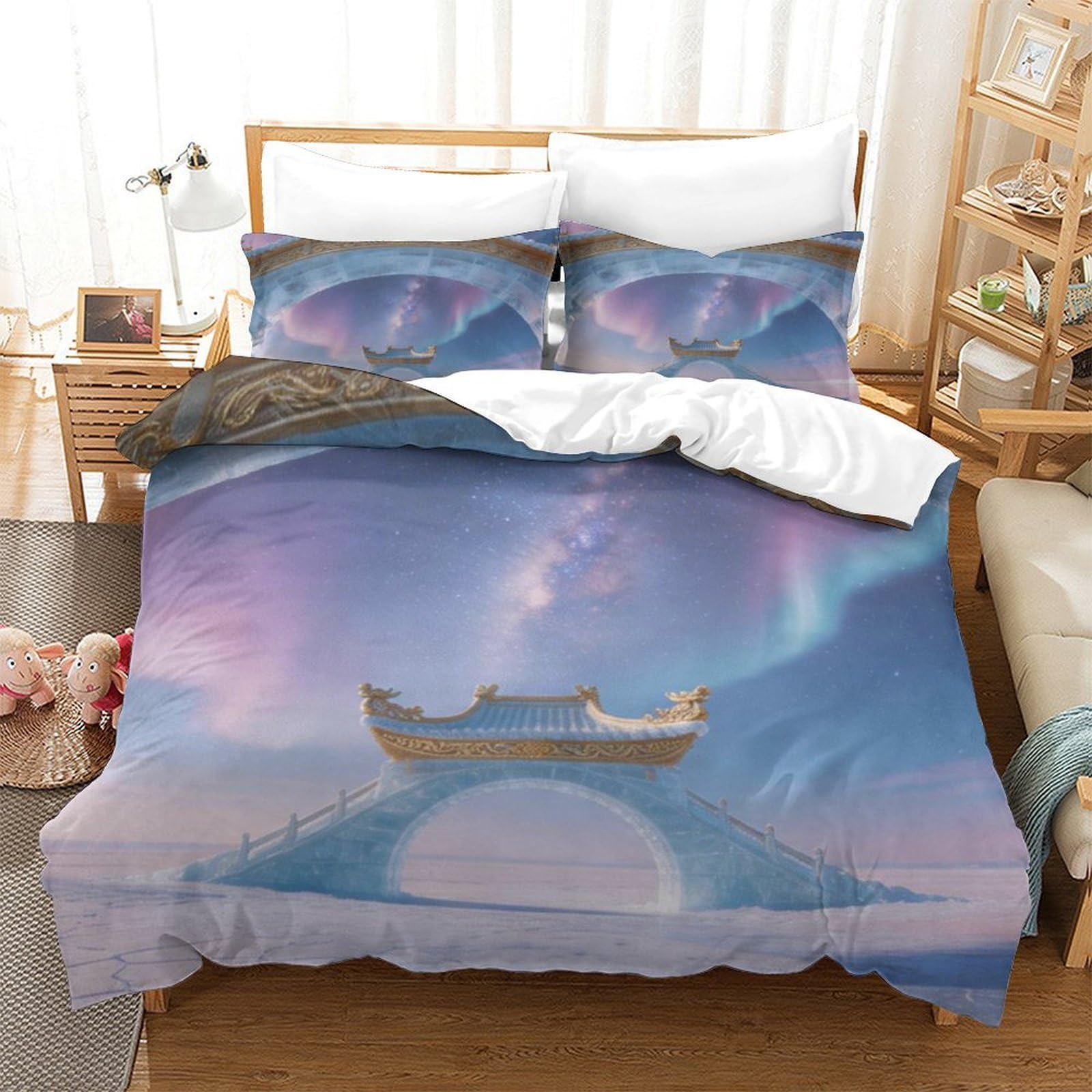 Housse de Couette Bateau Lune Parure de Lit Microfibre Décoration Chambre Adulte Single 135x200cm