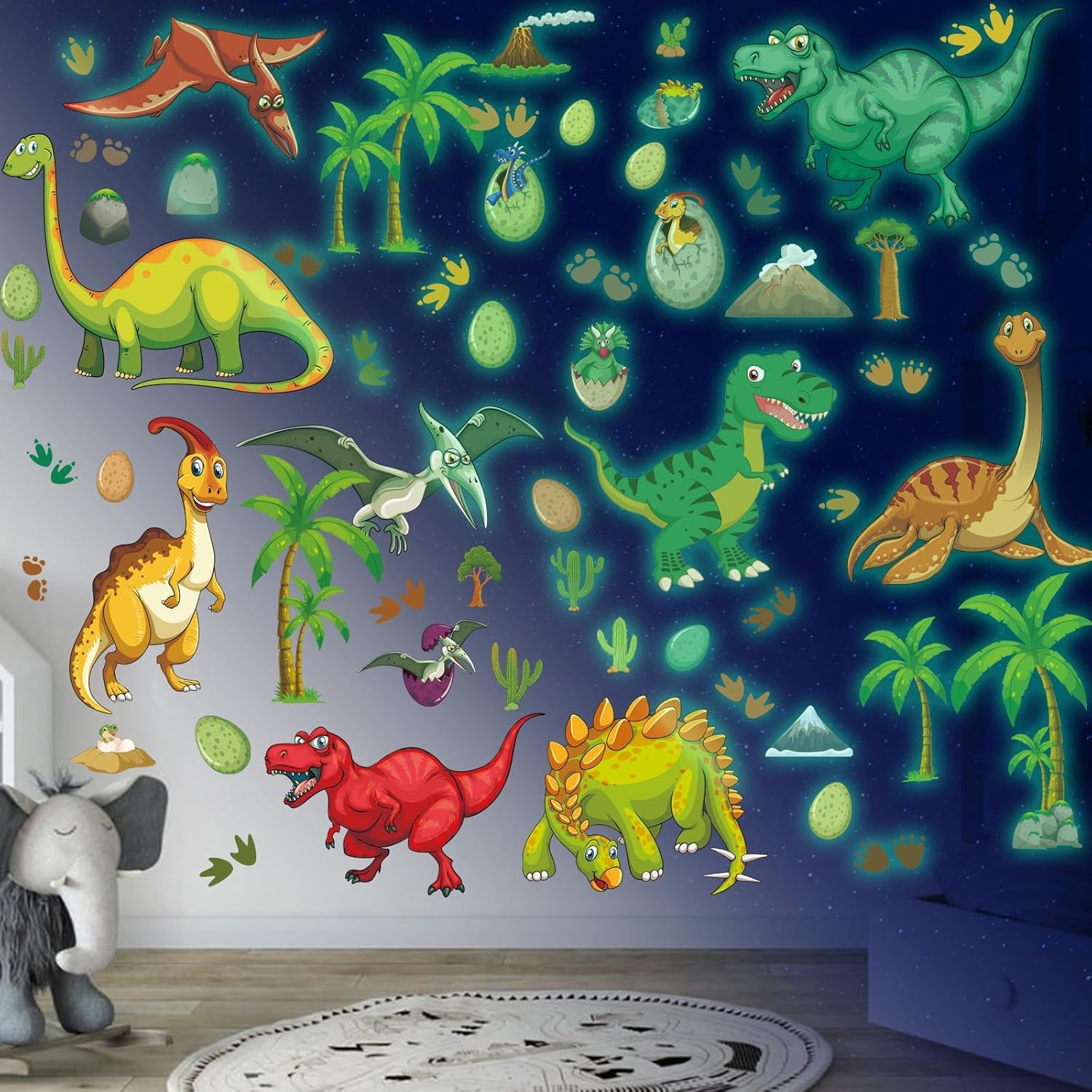 Leuchtende Dinosaurier Wandsticker, Selbstklebend Dinosaurier Wandtattoo Kinderzimmer Dino Leuchtsticker Leuchtend Wandaufkleber für Junge Kinderzimmer Schlafzimmer Grün
